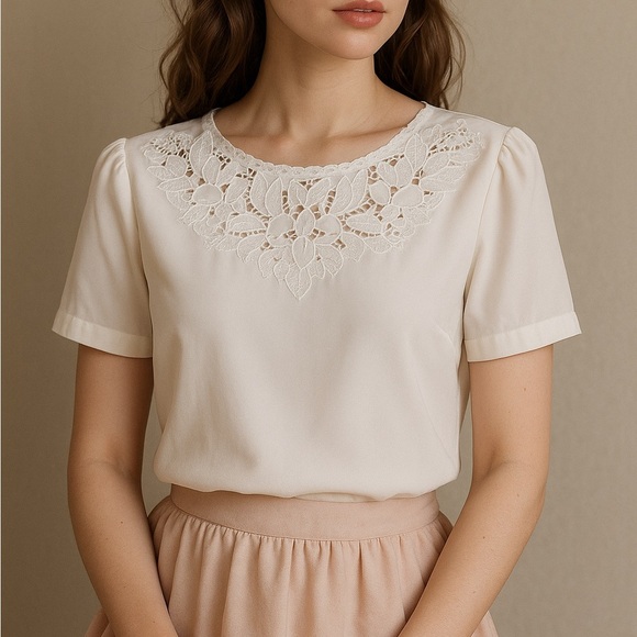 American Vintage Tops - Vintage White Blouse Lace Cutout Detail Elegant 80s Style coquette girl M/L